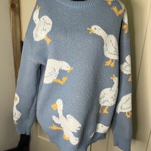 Blue Goose Pattern Crewneck Sweater Coastal Grandmother Cottagecore Y2K 90s